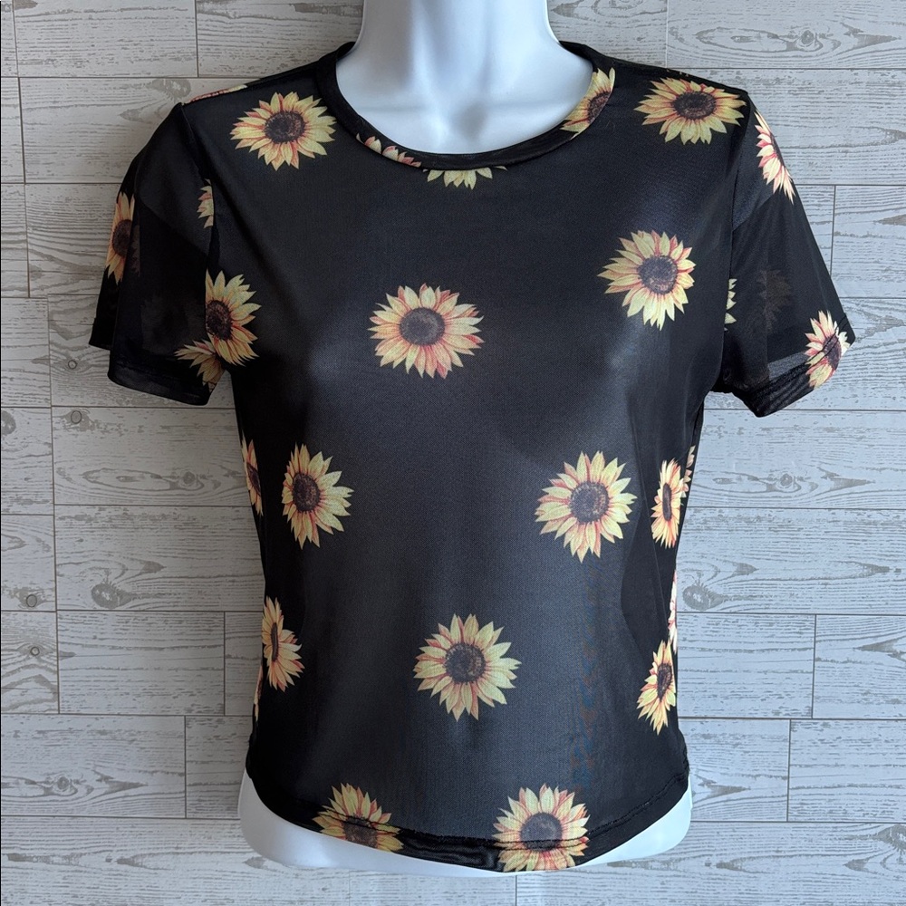 Black Sheer Top Mesh Sunflowers Shirt Cloud Dancer Small